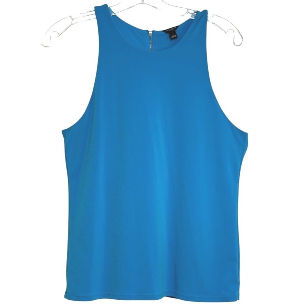 Ann Taylor Tank Top Womens Teal Blue High Neck Back Zip Stretch Modern Chic S